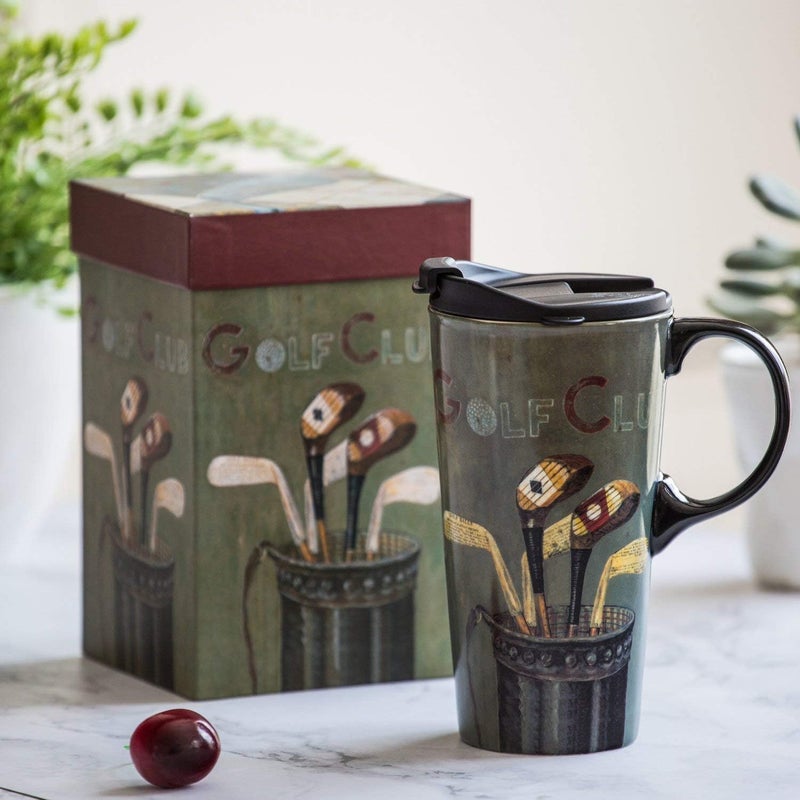 Topadorn Coffee Ceramic Mug Porcelain Latte Tea Cup with Lid 17oz,Golf - Image 2